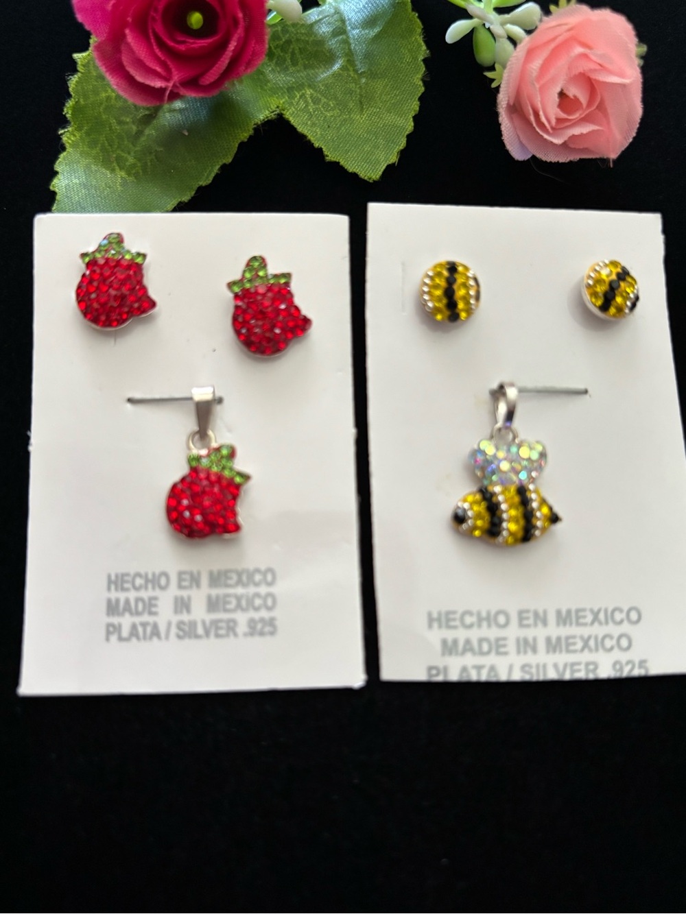 Sterling Silver Apple & Yellow Bee Crystal Stud Earring Sets